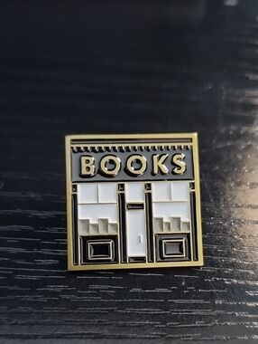 Bookstore Enamel Pin - White, Black & Gold Bookshop Design